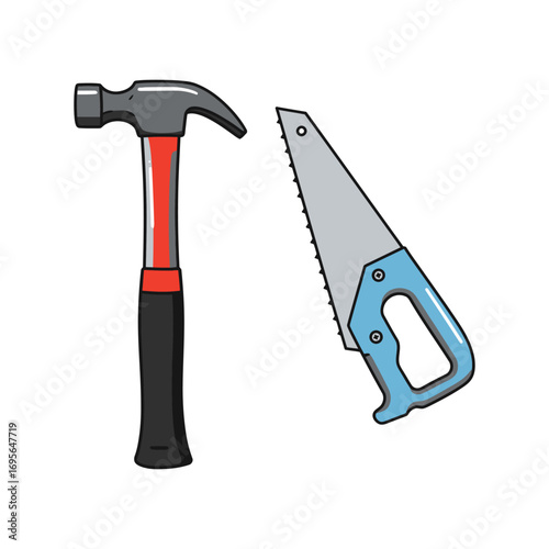 Cartoon Hammer and Hand Saw Tools Illustration.