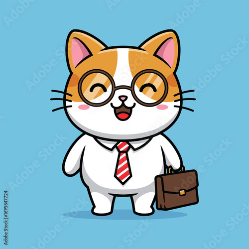 Cartoon Cat Businessman with Striped Tie and Brown Briefcase Illustration.