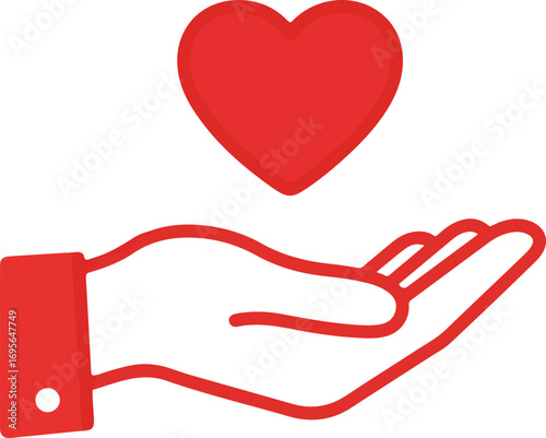 Red Heart Icon Hovering Above Open Hand on White Background love care