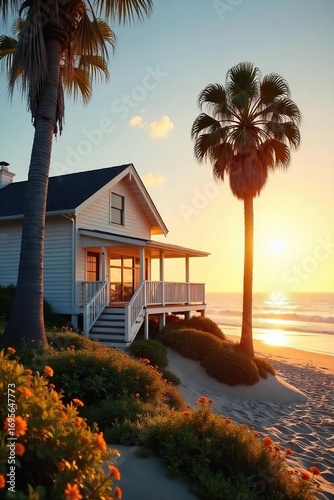 Golden hour sunlight bathes a classic California beach house, palm trees swaying gently in the warm breeze Ocean views stretch to the horizon, a quintessential SoCal scene , building, coastal