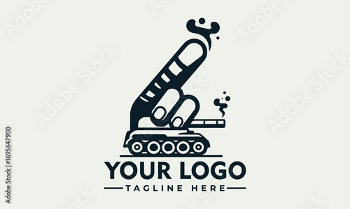 A stylized graphic illustration of a hand making a peace sign, with a tank incorporated into the fingers.