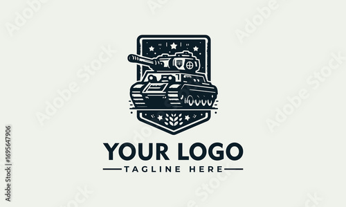 A stylized black and white emblem featuring a detailed tank design, set against a shield shape.