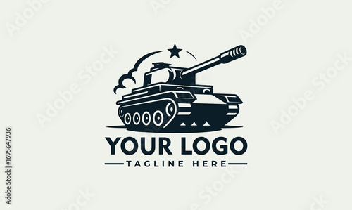Illustration of a tank with a star and smoke, with space for a logo and tagline.