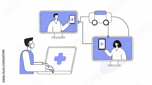 Illustration depicting a virtual healthcare consultation. Doctors and patients interact via video screens, showcasing remote medical appointments and technology's role in healthcare.