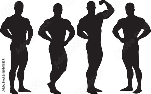 Silhouettes of four muscular male bodybuilders in various poses on a white background bodybuilding fitness