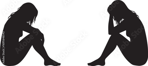Two Silhouetted Women Sitting in a Depressed Pose with Heads Down on a White Background woman female