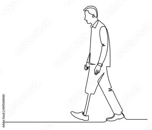Continuous line art of a disabled man using a prosthetic leg to walk. International Day of Disability. Vector illustration

