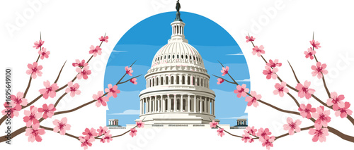 Iconic Capitol Building Vector with Seasonal Cherry Blossoms