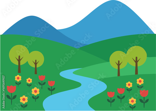 Flat Colorful Spring Scenery with Mountains, River and Flowers Illustration