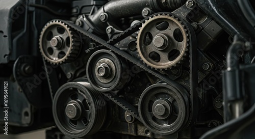 A closeup shot of a mechanical engine with visible gears belts and metallic components showcasing the complexity of the internal system