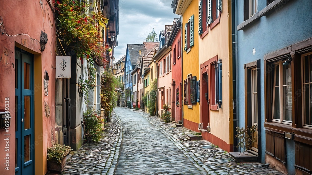 Fototapeta premium Charming Cobblestone Street with Colorful European Houses