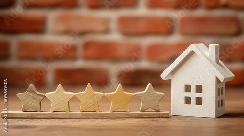 Wooden stars and house model on a table