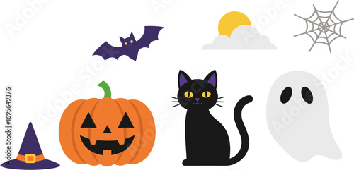 Cute Cartoon Style Halloween Item Collection Featuring Ghost, Pumpkin and Cat