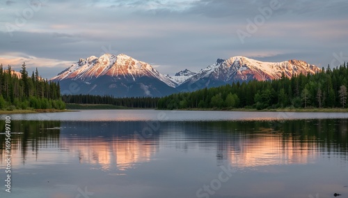 Majestic snowcapped mountains bathed in warm sunrise light reflected in serene lake landscape