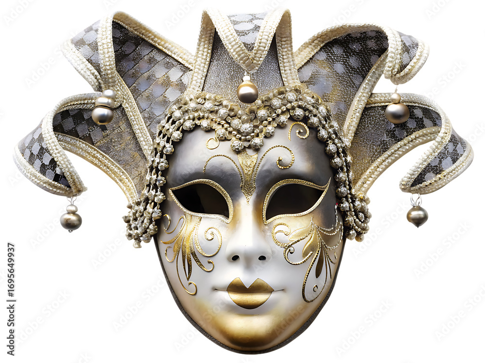 Naklejka premium Venetian Jester Mask with Gold and Silver Embellishments isolated on a transparent background