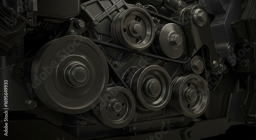 Closeup of a dark engine with various pulleys and a belt system rendered in high detail