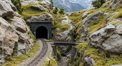 Miniature model of a train track going through a stone tunnel in a rocky landscape