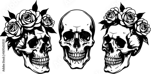 Skull and Rose Tattoo Designs (Black Ink)