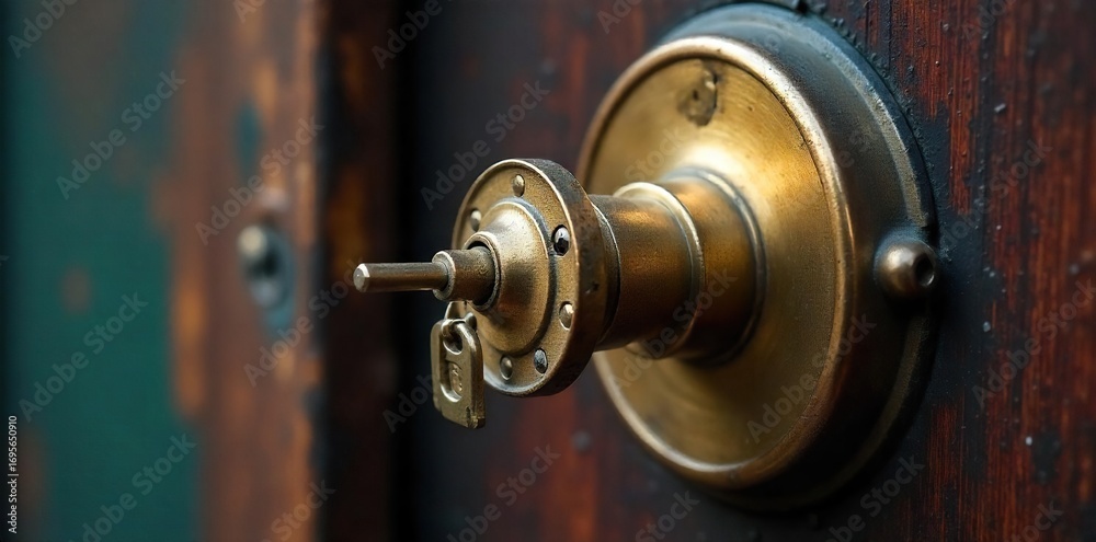 Obraz premium Close-up shot of a gleaming brass key inserted into a sturdy, antique-style door lock, emphasizing the intricate details and security of the mechanism , keyhole, bolt, dwelling