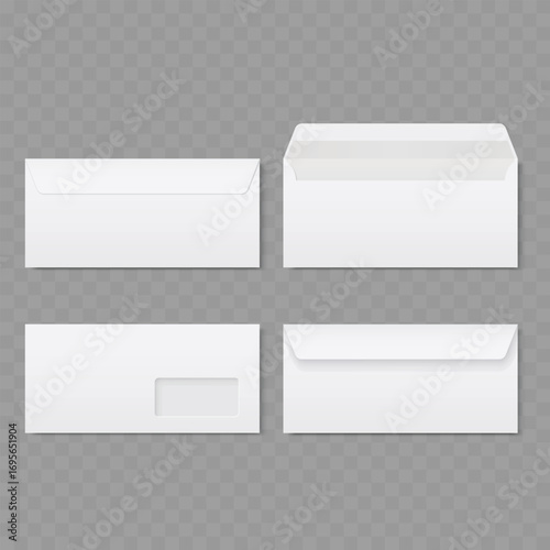 Realistic open, closed, and windowed envelope mockup set. Vector