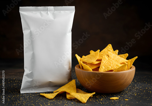 Wallpaper Mural Wooden Bowl of Crispy Nacho Chips with a Plain Snack Bag for Mockup Torontodigital.ca