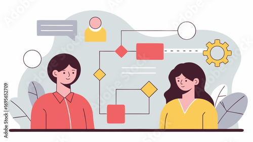 Flat design illustration depicting two individuals collaborating on a project, brainstorming ideas. The image showcases teamwork and planning processes through simple geometric shapes and icons.
