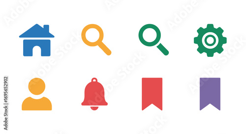 Colorful and Minimalist Icon Set Representing Common Website and Application Functions for Interface Design and User Experience Enhancement