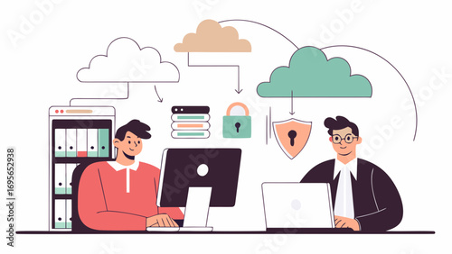 Two men work together at a desk in an office setting, collaborating on a data security project. Cloud computing icons and security symbols depict their work. The scene is modern and professional.