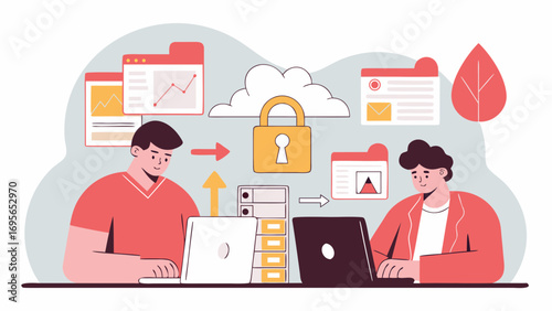 Two individuals collaborate using laptops, transferring secure data via a cloud server.  The illustration features a clean, flat design style.  Secure cloud data transfer is emphasized.