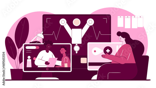 A woman sits at a desk reviewing an online medical consultation displayed on her computer.  She is interacting with a video call showing a doctor and a patient. Flat design illustration.