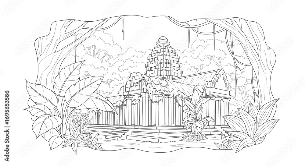 Naklejka premium Line art illustration of an ancient temple overgrown with lush jungle foliage, perfect for coloring books, travel brochures, and historical publications.