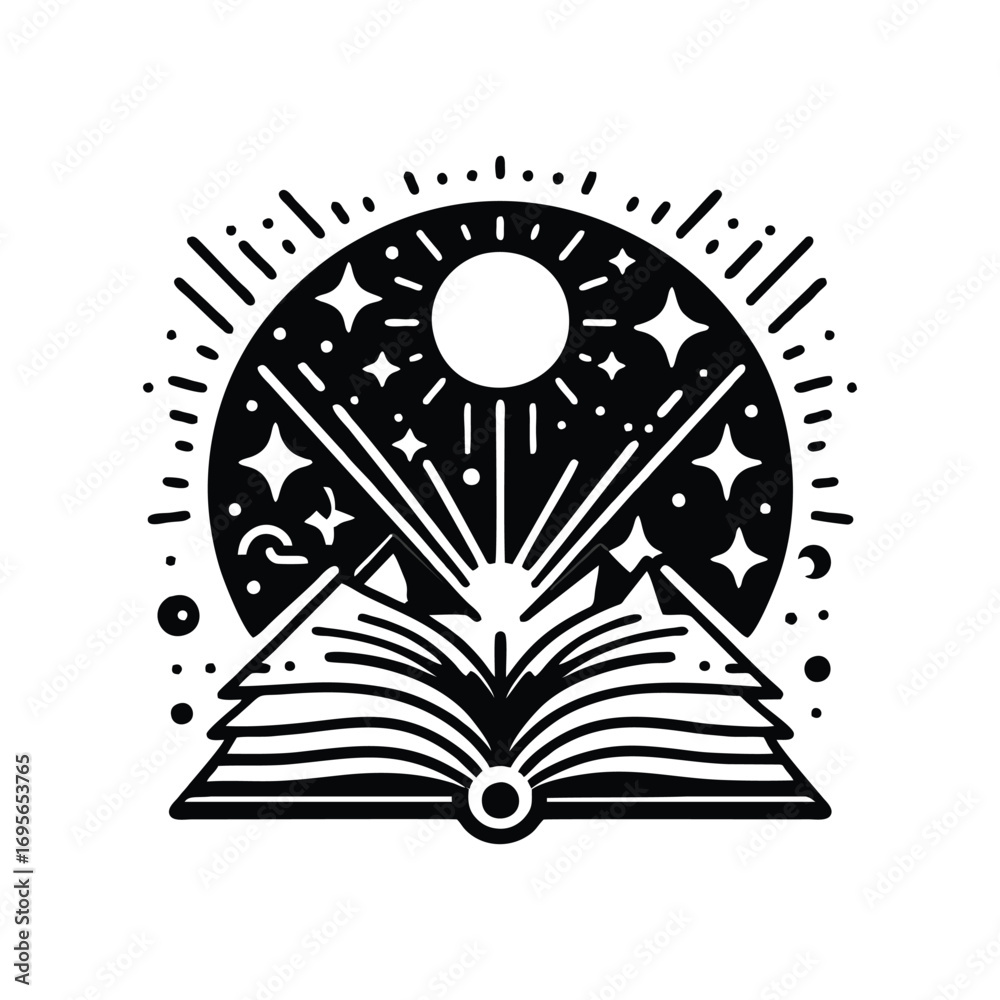 Fototapeta premium Open book with cosmic scene and celestial elements