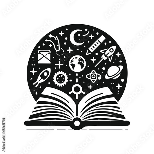 Open book with cosmic illustrations above it