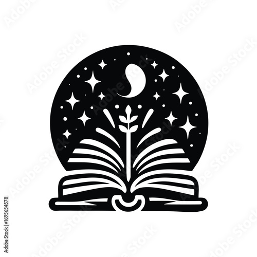 Open book with stars and moon in the background