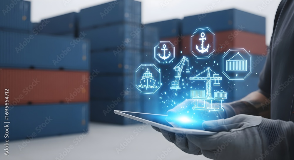 Obraz premium Futuristic Port Logistics and Supply Chain Management with Holographic Technology