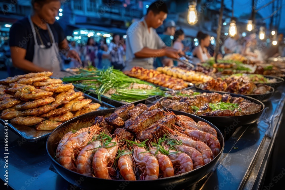 Obraz premium Asian street food vendor selling grilled seafood and meat