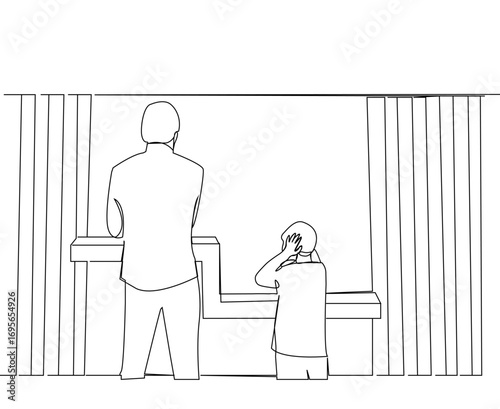 Father and son looking from the window in One-line art