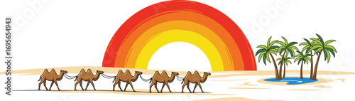 Sunset Caravan of Camels with Oasis Elements