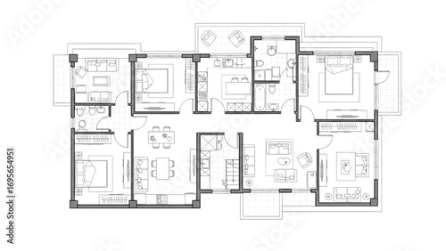 2D Floor Plan Black and White | House, Apartment, Villa Layout with Furniture Vector Illustration