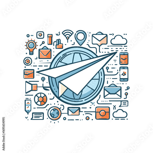 Paper airplane flying over global communication icons