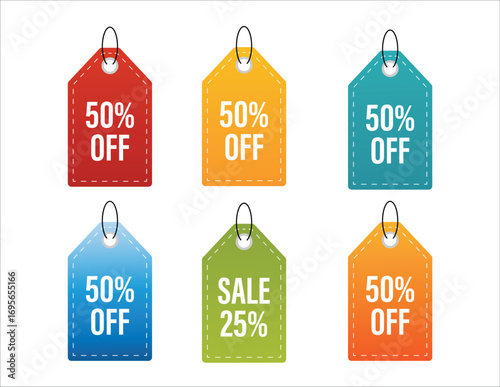 Colorful sale tags featuring 50 percent off and 25 percent off discounts