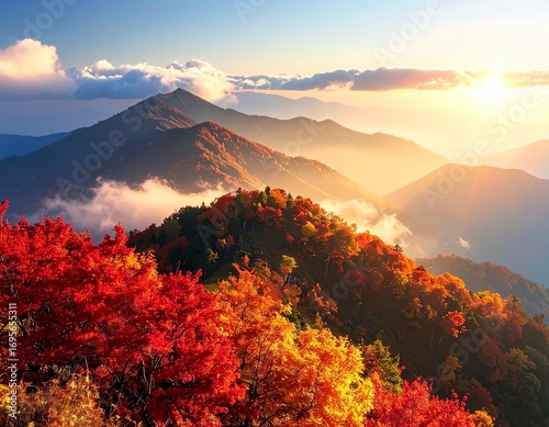 autumn-colored mountains with a sea of clouds in japan