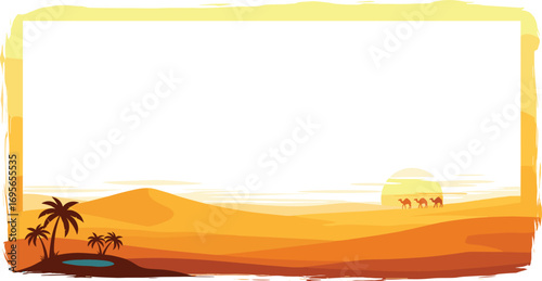 Sunset Desert Border Illustration with Oasis and Palm Trees