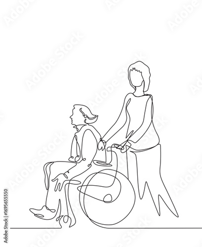 Women pushing a wheelchair with a disabled man in one-line art