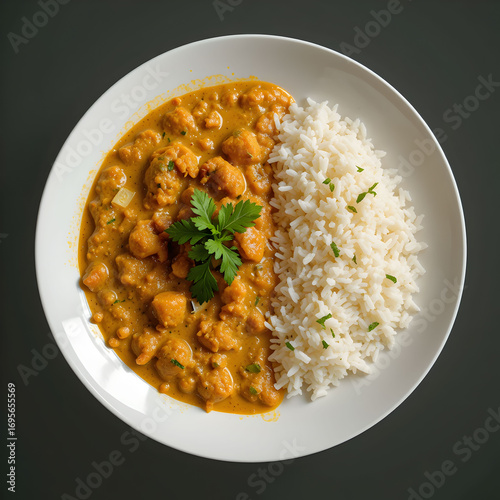 Yogurt curry served with steamed rice on a plate, isolated on white background creamy, tangy, and flavorful Indian