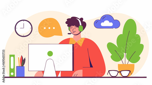 Young Woman Working on Laptop Surrounded by Lush Green Plants in a Bright Sunlit Workspace