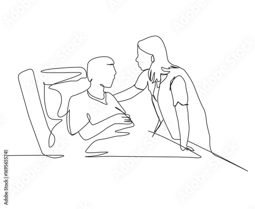 Doctor taking care of a patient in continuous line art