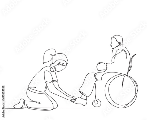 A girl ties shoelaces to disable a man