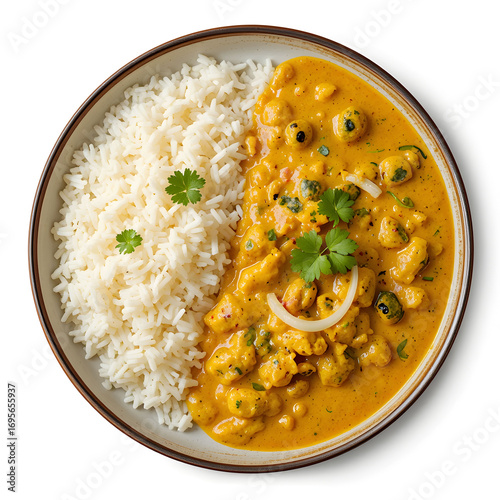 Yogurt curry served with steamed rice on a plate, isolated on white background creamy, tangy, and flavorful Indian