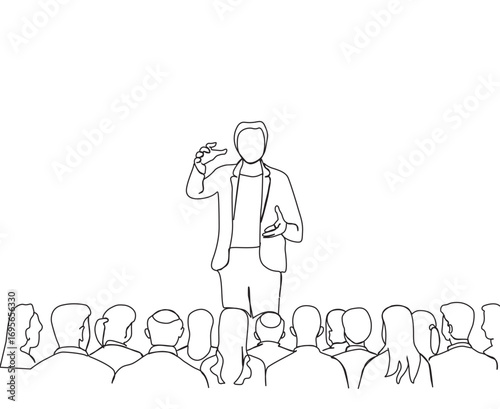 A man speaking in front of an audience in line art